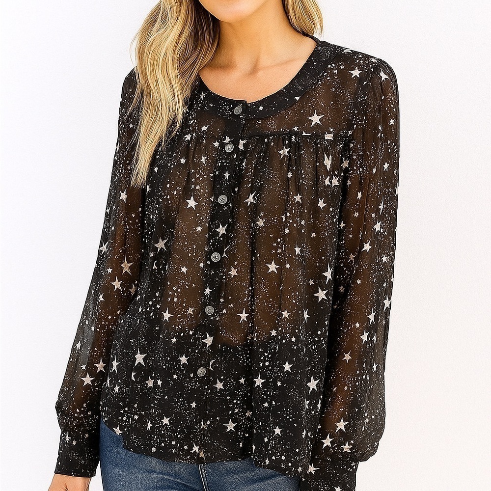 ModCloth sheer black blouse with stars S